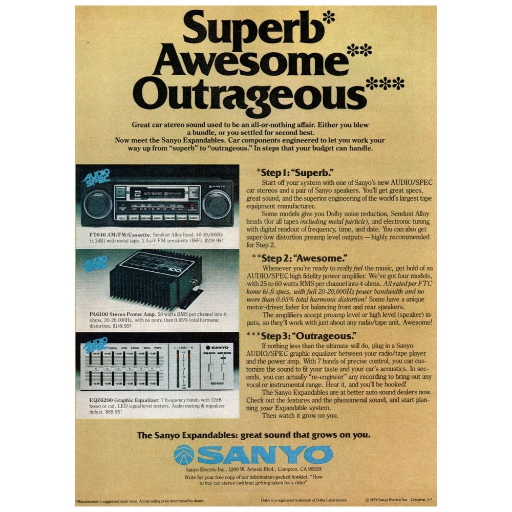 1978 Sanyo Car Stereo Equipment Vintage Print Ad Audio Spec Man Cave Wall Art
